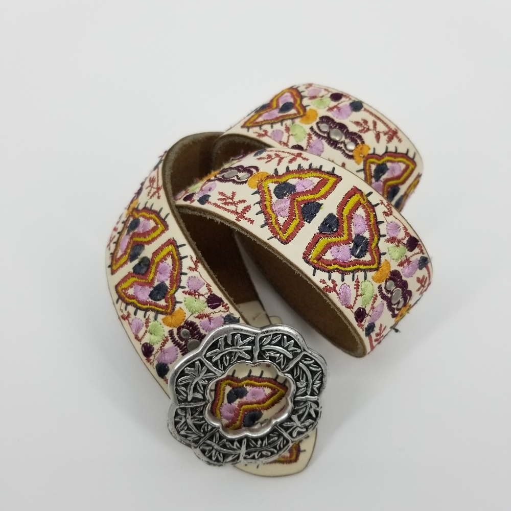 Lucky Brand leather embroidered belt silver buckle